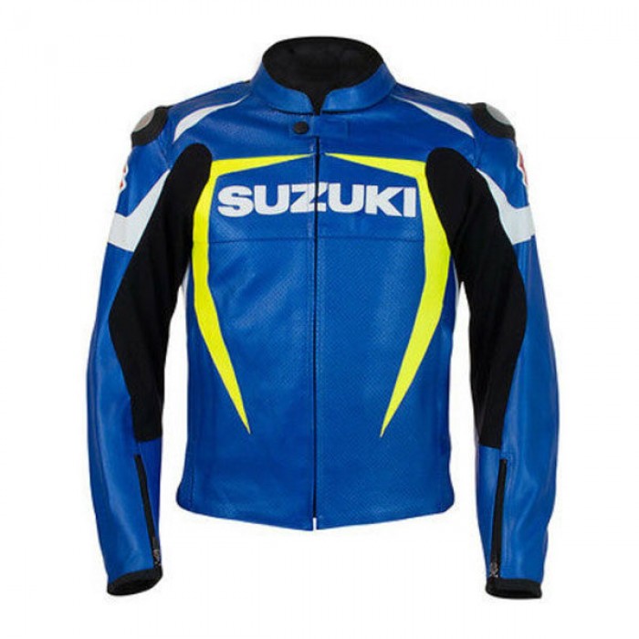 Suzuki Blue-Yellow Motorcycle Armoured Cowhide Leather Motorbike Jacket