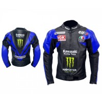kawaski Classic Leather Motorcycle Jacket  Black Blue Racing Leather jacket