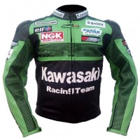 kawaski Armored Leather Motorcycle Jacket Green Racing Motorcycle Biker Racing Leather Jacket