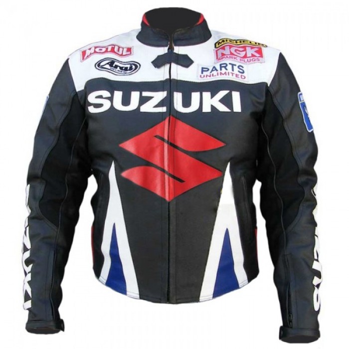 Suzuki White Black Motorbike Biker Leather Jacket Men's