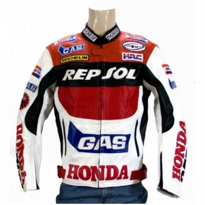 HONDA GAS REPSOL RED WHITE MOTORCYCLE LEATHER JACKET
