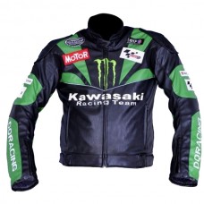 Cowhide team black and green sports biker leather jacket