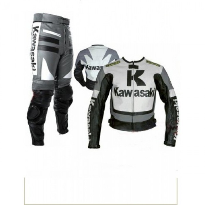 Cowhide White & Gray Motorcycle Leather Biker Racing Suit