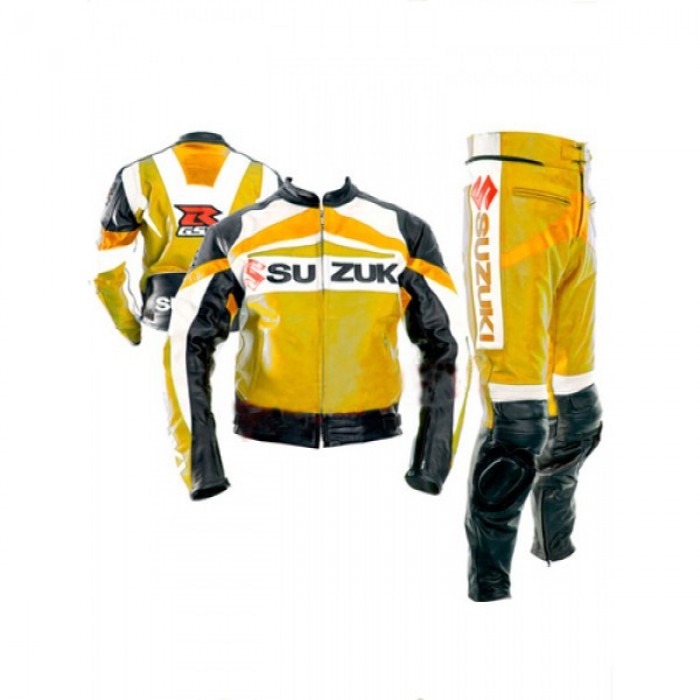 Suzuki Yellow Biker Two Peace Leather Suit S To 6XL