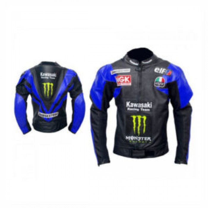 Blue And Black  Kawasaki  Men Motorbike Leather Jacket